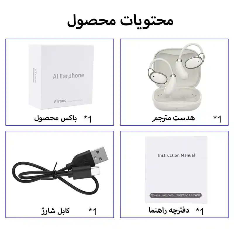 محتویات باکس هدست مترجم مدل VTrans AI Earphone